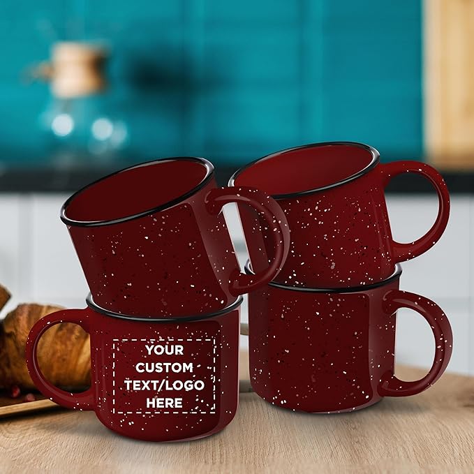 DISCOUNT PROMOS Custom Ceramic Campfire Coffee Mugs 13 oz. Set of 10, Personalized Bulk Pack - Perfect for Tea, Espresso, Cappuccino, Hot Cocoa - Maroon