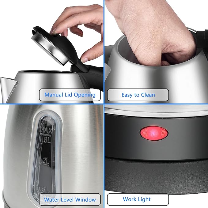 Electric Kettle, Stainless Steel 1.8 Liters Tea, Coffee Kettle & Hot Water Boiler, Auto Shut Off, Boil-Dry Protection with LED Ligh, Water Heater & Teapot, 360° Swivel Base, 1100W
