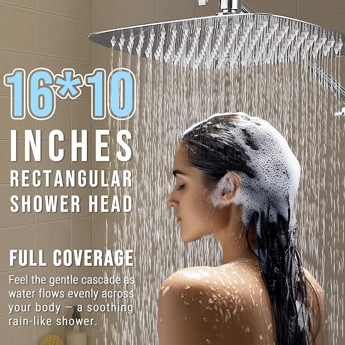 G-Promise All Metal 16 Inch Dual Square Shower Head with Handheld Spray Combo, Rain Shower Head, Adjustable Extension Arm, 3-Way Diverter, 71 Inch Extra Long Hose - A Bathroom Upgrade (Chrome)