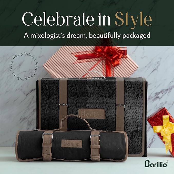 Barillio Bartender Kit Bag with Gold Cocktail Shaker Set - Waxed Canvas, Traveling Bar Tools Bag with 17-Pc Cocktail Kit - Travel Mixology Bartending Kits - Mobile Bar Roll with Strap & Accessories