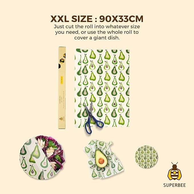 SUPERBEE Beeswax Wrap Roll XL, Reusable Beeswax Wrap for Food, Wrap Roll, Reusable for Wrapping Vegetables, Cheese Paper, Bowl Covers and Sandwich Wrapping Paper, Pears - 35x13"
