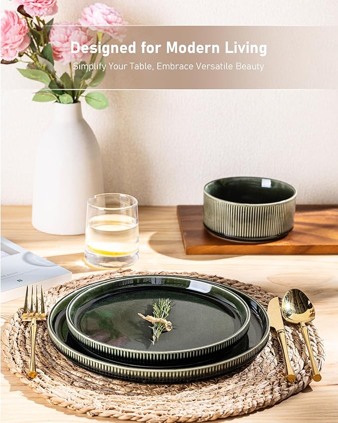 GBHOME Stoneware Dinnerware Sets for 4,Round Reactive Glaze Ceramic Plates and Bowls Set,Highly Scratch Resistant | Dishwasher & Microwave Safe Dishes Set,Service for 4(12Pcs),Earth Green