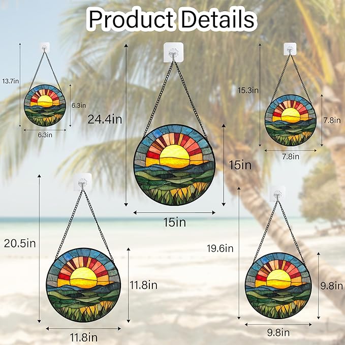 Stained Glass Window Hanging, Golden Red Sun Green Mountain Suncatcher for Window Home Decor Nature Landscape Sun Catcher Mother's Day Birthday Gifts for Women Men Mom Nana 15 in