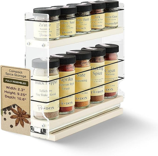 Vertical Spice Narrow Spice Rack - Sliding Spice Jars Organizer - Pantry Organizers & Storage - Slide Out Drawers for Kitchen Cabinets - Seasoning Caddy (2.3" W x .9.25" H x 10.6" D, Assembled)