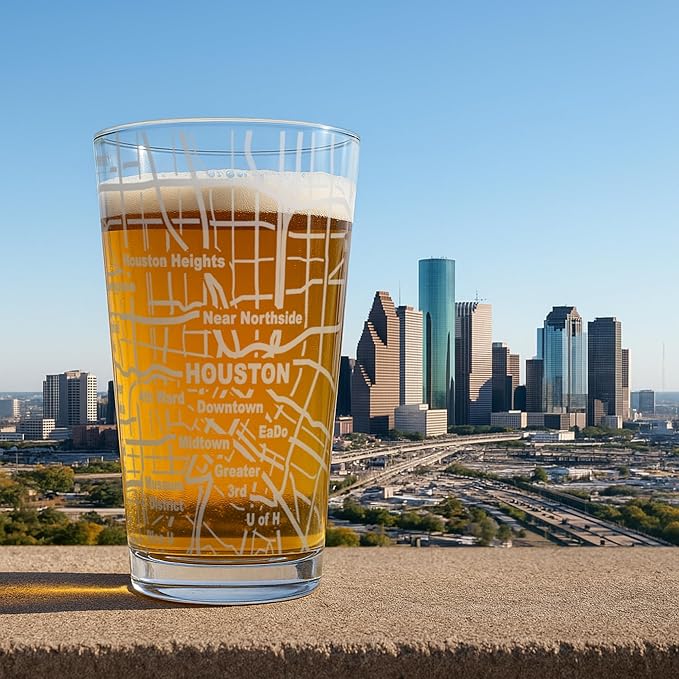 Greenline Goods – Houston, TX Map Pint Beer Glasses (Set of 2), 16 oz – Etched Wrap Design