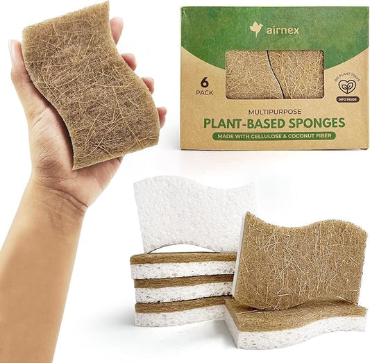 Biodegradable Natural Kitchen Sponge - Compostable Cellulose and Coconut Walnut Scrubber Sponge (6 Pack)