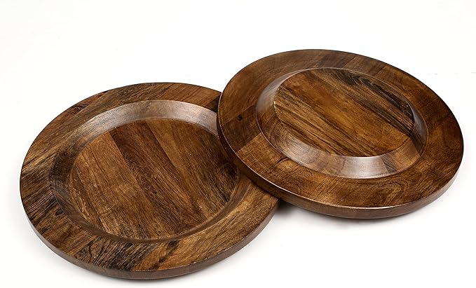 CLEENTABLE Wooden Dinner Plates Set of 2-13" Serving Dinner Plate Chargers for Weddings, Parties, Rustic Table Decor, Indoor Outdoor Dining - Lightweight Round Appetizer Plates (Walnut)
