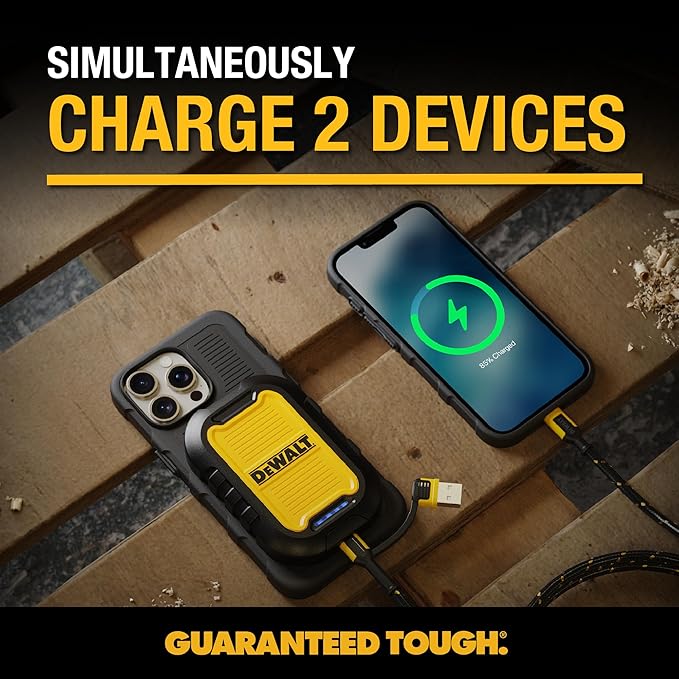 DEWALT Heavy Duty Magnetic Power Bank 5,000mAh, Rugged Wireless Portable Charger 18W Fast Charging Battery Pack, USB-C to C w/USB Adapter Cable 4' Water Resistant Works w/Magsafe iPhone 17/16/15/14