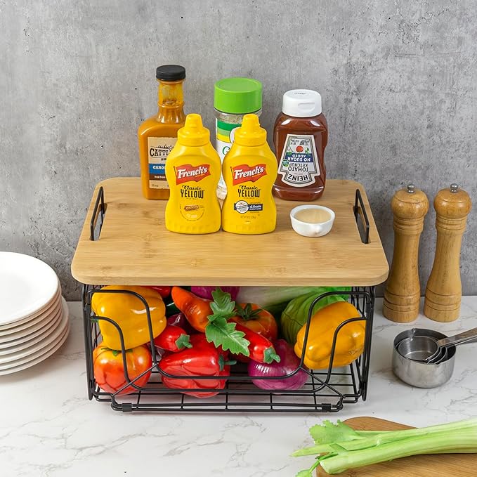 MyGift Kitchen Storage Wire Basket, Foldable Matte Black Metal Fruit and Produce Basket with Bamboo Cutting Board Lid, Pantry Counter Organization