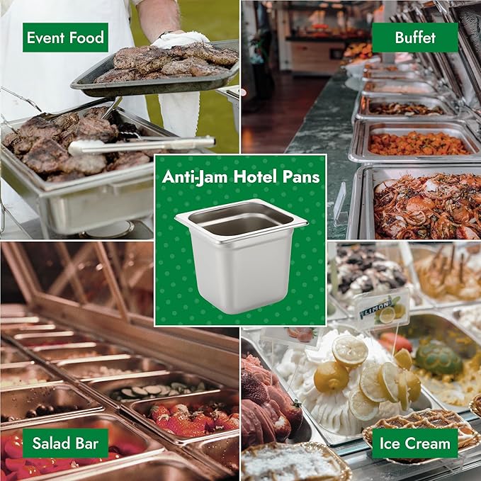 HECMAC 6 Pack Anti-Jam Hotel Pans, 1/6 Size 6 Inch Deep, Commercial Stainless Steel Chafing Steam Table Pan, Catering Storage Metal Food Pan, 23 Gauge