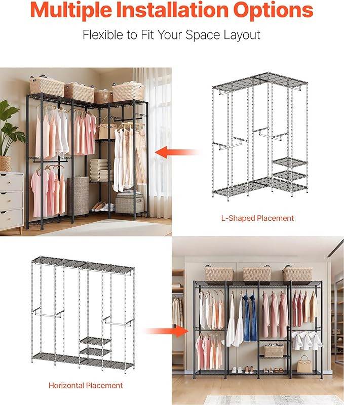 VEVOR Clothing Garment Rack, Heavy Duty Closet Wardrobe, Adjustable Tiers Clothes Racks with Steel Frame, for Bedroom, Clothing Store, Hallway