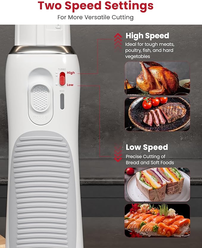 New Upgrade Cordless Electric Knife, Serrated Blade Knife for Turkey, Meat Slicing, Fillet, Bread, Ergonomic Design Cutting Knifes with Comfortable Contoured Grip, USB-C Rechargeable, Easy-Slice,White