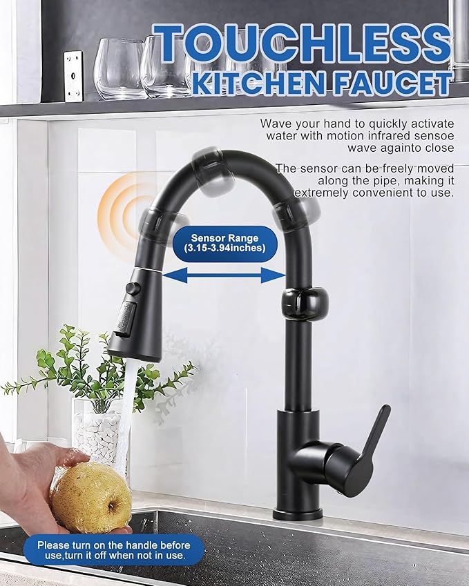 Touchless Kitchen Faucet Motion Sensor - Activated Smart Hands Free Kitchen Faucets with Pull Down Sprayer Single Handle Kitchen Sink Faucet,Matte Black