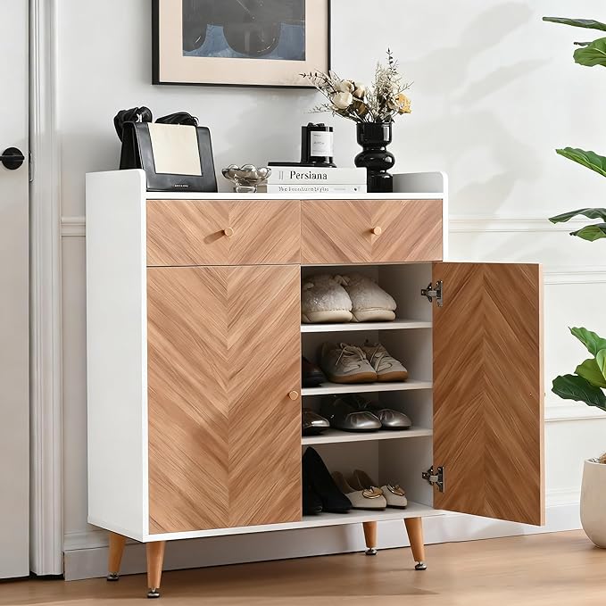 Shoe Storage Cabinet with 2 Doors, 20 Pairs Shoes Cabinet for Entryway with Adjustable Shelves and 2 Drawer, 31.5'' Wide Shoe Rack Shoe Organizer Cabinet for Entryway Living Room (White)