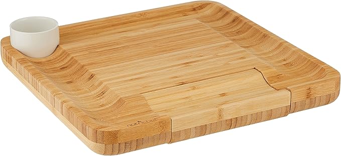 NutriChef Bamboo Natural Cheese Board Set with Bonus Condiment Cup-Extra Large Size 100% Home Organic Wooden Plate and Charcuterie Tray with 4 pcs Cutting Knife Slicer, 13" Square