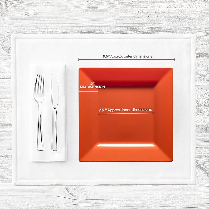 Smarty Had A Party Disposable Plastic Dinnerware, 9.5" Heavy Duty Square Orange Plates for Parties and Events, Bulk Supplies for All Occasions (120 Count)