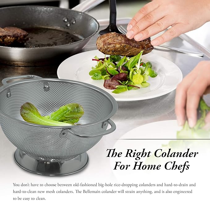 Bellemain 3 Qt Metal Colander with Handle | Pasta, Spaghetti, Berry, Fruit, Vegetable, Kitchen Food Strainer Basket | 18/8 Stainless Steel Colander Bowl | Pot Drainer for Cooking, Sifter Strainer