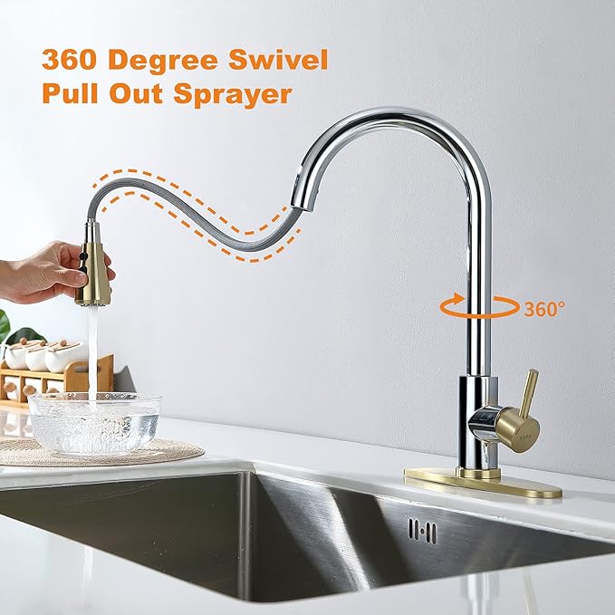 Keer Gold & Polished Chrome Single Handle Pull Down Kitchen Faucet with Soap Dispenser, 3 Modes Sprayer, Easy Assembly, Single Handle High Arc Stainless Steel Faucet