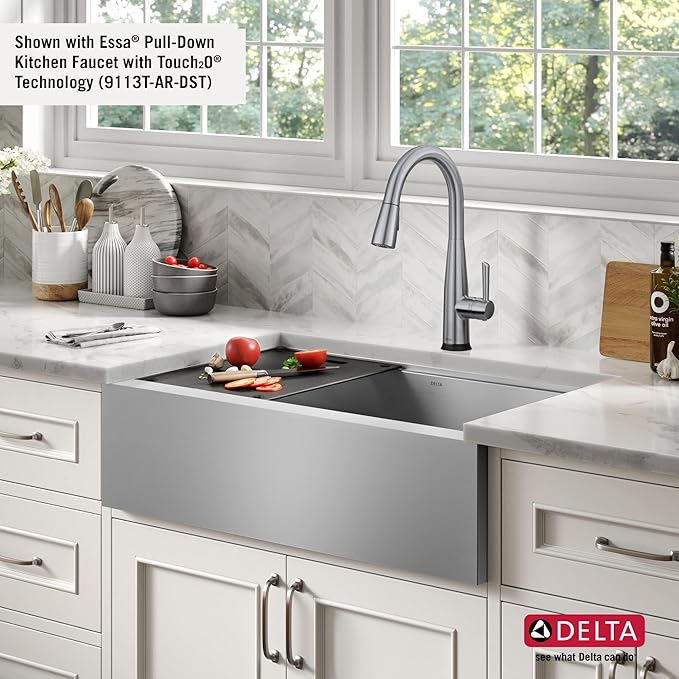 DELTA FAUCET Rivet 33-inch Workstation Farmhouse Apron Front Kitchen Sink Undermount 16 Gauge Stainless Steel Single Bowl with WorkFlow Ledge and Kit of 5 Accessories, 95C9031-33S-SS
