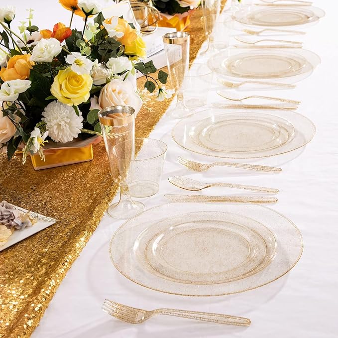 WDF 120PCS Gold Plastic Plates- Disposable Gold Glitter Plates, Premium Heavy Duty 60-10.25" Dinner Plate and 60-7.5" Salad Plate for Christmas Parties &Wedding