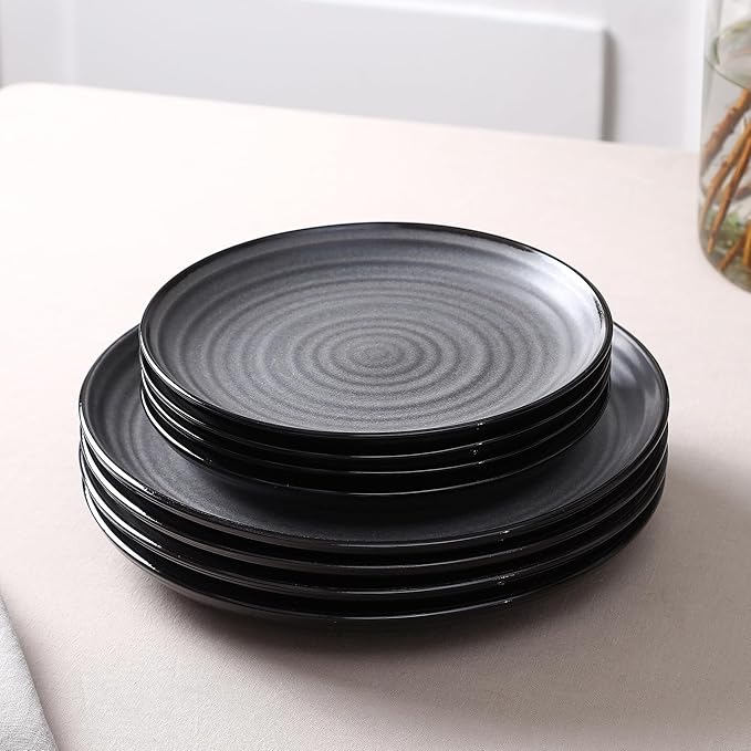 Stone Lain Dua 12-Piece Dinnerware - Stoneware, Plate and Bowls, Dishwasher and Microwave Safe, Dish Set for 4, Black