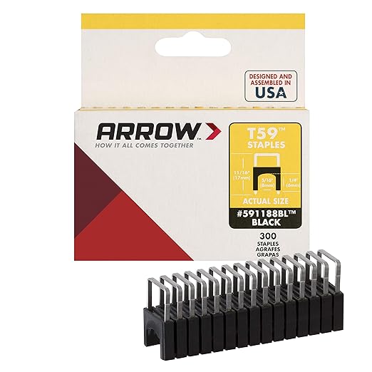 Arrow 591188BLSS Genuine T59 Stainless Steel 1/4-Inch Leg Length by 5/16-Inch Crown Width Insulated Staples for Cable and Wiring, Black, 300 Count