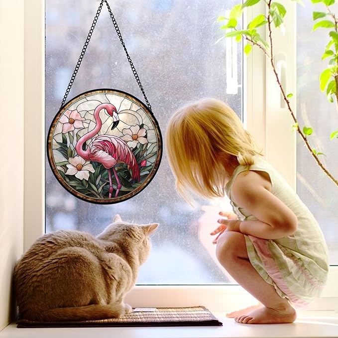 Stained Glass Window Hanging, Flamingo Flower Sun Catchers Diamond Glass Panel Hangings Pink Suncatcher Decor for Birthday for Women, Men, Wife, Aunt, and Mom 11.8x11.8 in