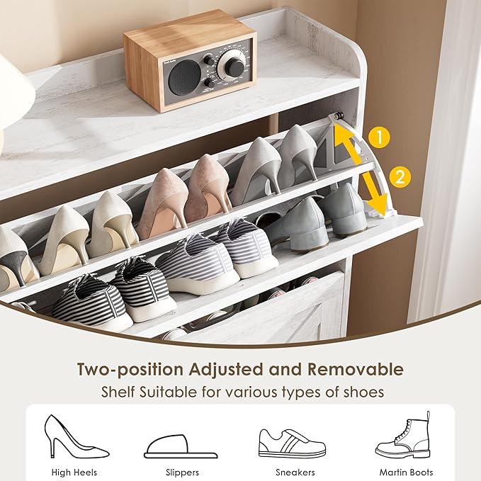 Nicetree Shoe Storage Cabinet with 2 Flip Drawers, Freestanding Shoe Organizer, Shoe Cabinet with Metal Legs, Narrow Shoe Rack Cabinet, Farmhouse Slim Shoe Cabinet for Entryway, Foyer, Hallway, White