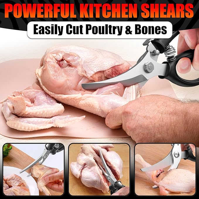 Turkey Shears - Chicken Shears – Stainless Steel Heavy Duty Poultry Scissors | Meat, Vegetables, Seafood | Fish Scale Remover & Bone Scissors | Non-Slip Serrated Saw-Like Edge, Safety Lock