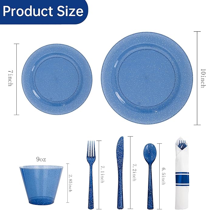 DaYammi 210PCS Cobalt Blue Glitter Plastic Dinnerware Set for 30 Guests, Fancy Disposable Plates for Party, Include: 30 Dinner Plates, 30 Dessert Plates, 30 Pre Rolled Napkins with Silverware, 30 Cups