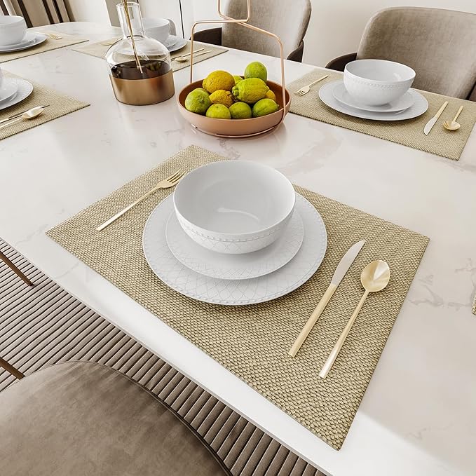 Yoshy Bone China Dinnerware with Lightweight Durable Chip Resistant Design Service for 4 (18 Piece - Service for 6, Interlace)