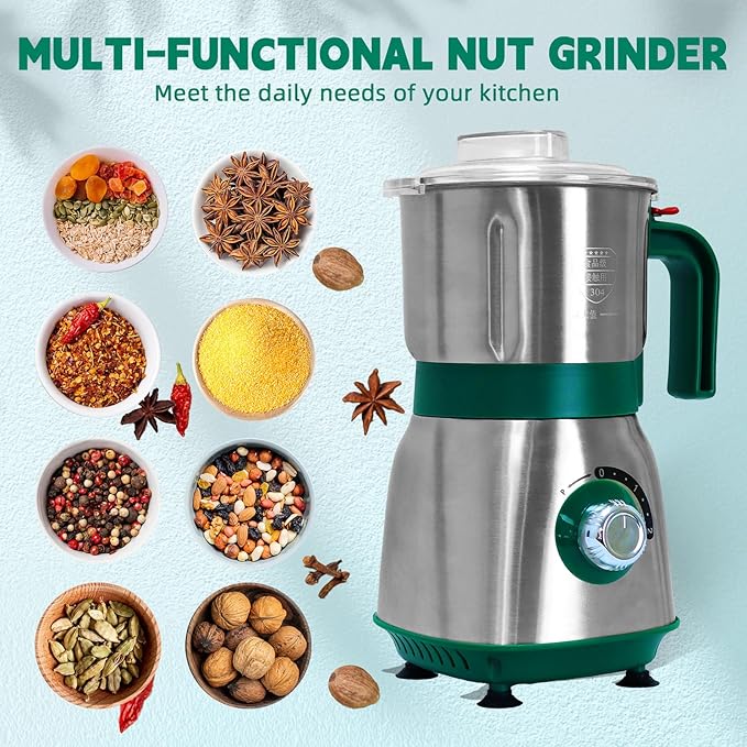 Spice Grinder Electric,Herb Nut Grinder for Kitchen,Detachable Espresso Grinders with Stainless Steel Blades,Filter and Brush, 500w Dry and Wet Grain Mill for Coffee,Rice,Bean,Seasoning (Green-X)