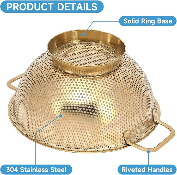 2PCS Gold Strainer for Kitche, 3QT and 5QT, Stainless Steel Colander with Handle for Fruits Vegetables Cooking Food, Dishwasher Safe