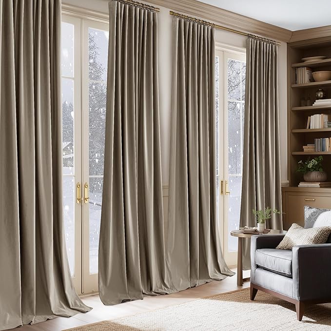 NICETOWN Camel Room Darkening Luxurious Velvet Curtains for Bedroom 96 inch Long, Multiple Hanging Options Window Treatment for Apartment Modern Organic Style, Set of 2, 52" Width