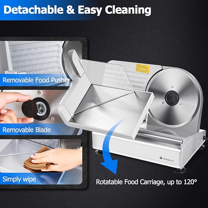 Meat Slicer - Electric Deli Slicer, 200W, Dual 7.5" Blades, Adjustable Thickness 0-15mm, Safe Home Meat Slicer Machine with Stainless Steel and Aluminum Housing