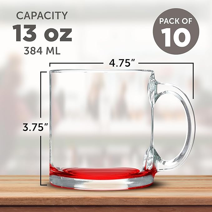 Libbey Clear Glass Coffee Mugs 13 oz. Set of 10, Bulk Pack - Perfect for Coffee, Tea, Espresso, Hot Cocoa, Other Beverages - Red Bottom