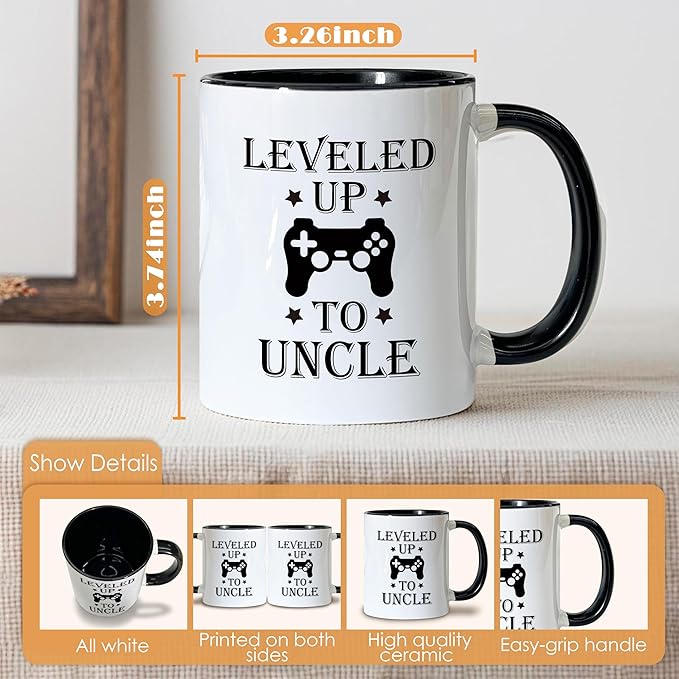Promoted to Uncle Coffee Mugs, Uncles Tea Cup Gifts for Father's Day Birthday, Funny Leveled Up to Uncle Ceramic Coffee Tea Mug 11oz