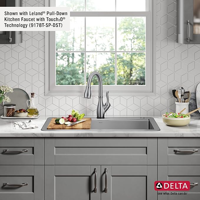DELTA FAUCET 95A9032-T33D-SS Lorelai Workstation Kitchen Sink Drop-In Top Mount 16 Gauge Stainless Steel Double Bowl with WorkFlow Ledge and Chef’s Kit of 8 Accessories, 33 Inch