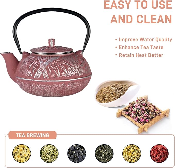 27oz Small Cast Iron Teapot, SECHUDO Pink Tea Kettle for Stovetop, Japanese Tea Pot with Stainless Steel Infuser for Loose Tea, Enameled Interior, Good Gift for Tea Lovers(800ML)