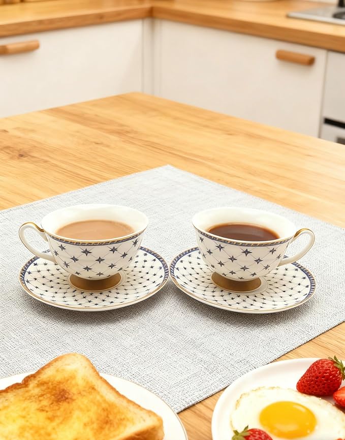 Porlien Royal Blue Star-night Porcelain 7-ounce Teacup and Saucer Set (6)