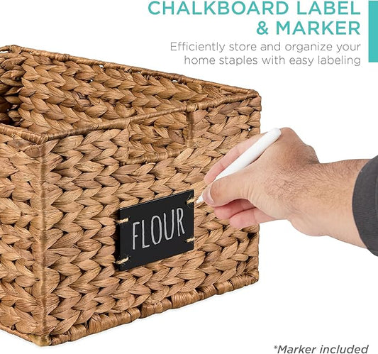 Best Choice Products Pantry Baskets Set of 2 16x12in Water Hyacinth Storage Baskets, Woven Wicker Kitchen Organizers with handles w/Chalkboard Label Chalk Marker - Chestnut