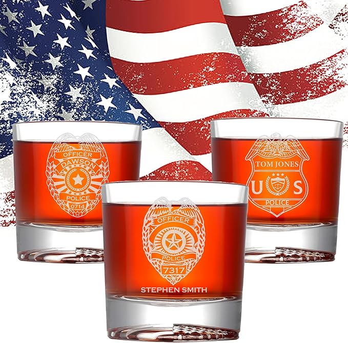 Personalized Police Officer Whiskey Glass, Custom Name & Number Old Fashioned Glass, 12oz Engraved American Flag Drinkware, Gift for Men Dad Retirement (Whiskey, 1-Police)