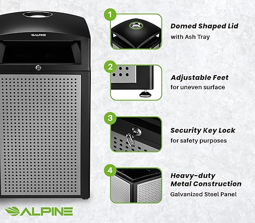 Alpine 40-Gallon Outdoor Commercial Trash Can with Ashtray & Locking Lid – Heavy-Duty Cigarette Disposal Bin with Removable Liner for Parks, Hotels & High-Traffic Outdoor Areas - Black & Grey
