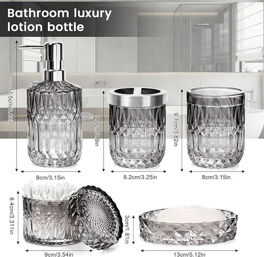 Black Bathroom Accessories Set, 5 Pcs Vintage Diamond Clear Glass Bathroom Set Include Lotion Soap Dispenser, Soap Dish, Toothbrush Holder, Tumbler, Cotton Swab Jar for Modern Bath Countertop Decor