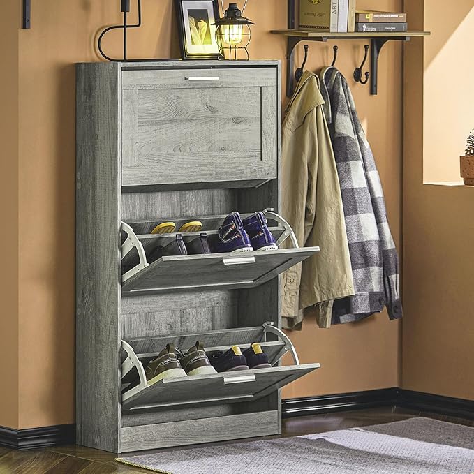 Shoe Cabinet for Entryway, 3-Tier Flip Drawer Narrow Shoe Storage Cabinet with Divider, Tall Slim Shoe Organizer for Small Spaces, Slim Shoe Rack Freestanding, Gray, HUS-FSR137-L