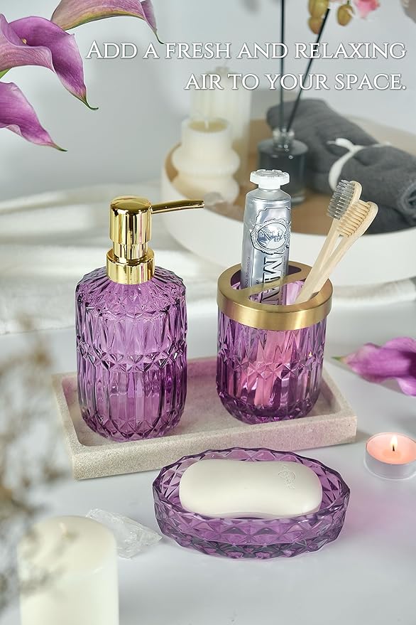 Purple Bathroom Accessories Set, 5Pcs Clear Glass Bathroom Accessories, Soap Dispenser, Toothbrush Holder Set, Soap Dish, Qtip Holder, Tumbler for Vintage Crystal Bath Decor (Violet)