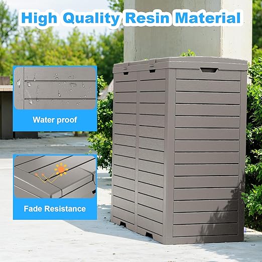 Outdoor Trash Can with Lid, Outdoor Trash Bin & Pull-Out Liquid Drawer, Dual Lid Closure Design, Waterproof Resin Garbage Can Container for Patio, Backyard, Deck (Grey, 76 Gallon)
