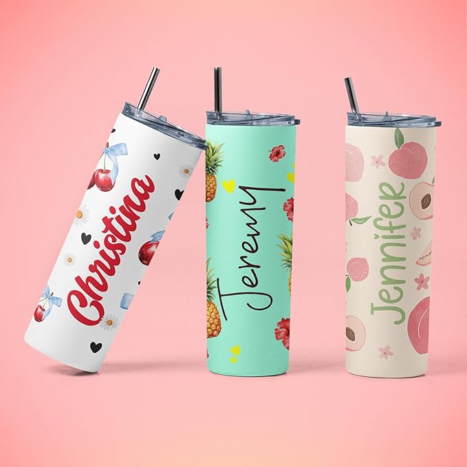 Personalized 20 Oz Skinny Tumbler - Custom Name Skinny Tumbler with Summer Design, BPA-Free Stainless Steel, 6 Designs - Customized Summer Gift