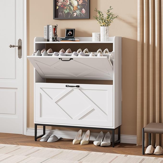 Nicetree Shoe Cabinet with 2 Flip Drawers, Freestanding Shoe Organizer, Shoe Cabinet with Metal Legs, Narrow Shoe Rack Cabinet for Entryway, Foyer, Hallway, White