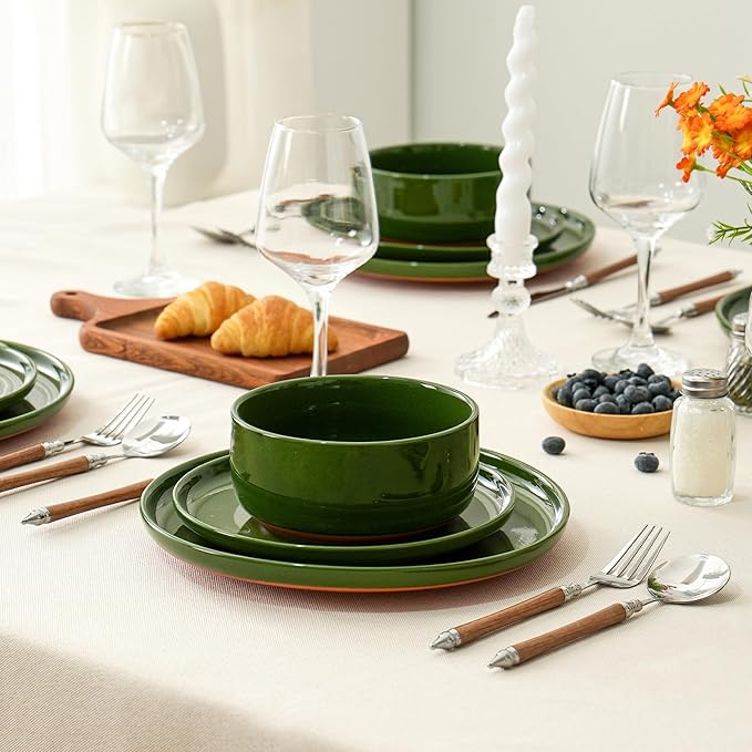 24 Piece Dinnerware Sets for 8, Dual Glaze Stoneware Plates and Bowls Set, Microwave and Dishwasher Safe, Forest Glaze Green